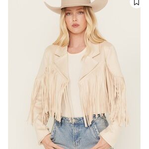 SAINTS & HEARTS WOMEN'S FAUX SUEDE CROPPED FRINGE JACKET